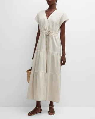 Tiered Striped Drawstring Maxi Dress