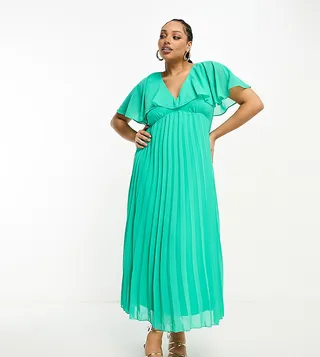 ASOS DESIGN Curve angel cape sleeve pleated hem maxi dress in green