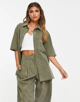 ASOS DESIGN drapey bowling shirt in baby cord sage - part of a set
