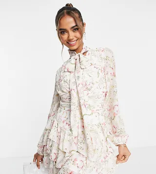 Ever New wrap tie frill mini dress in ivory floral