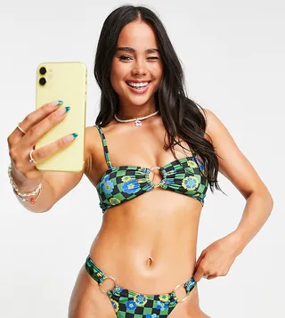 COLLUSION checkerboard floral ring trim bikini bottom in blue - part of a set - MBLUE