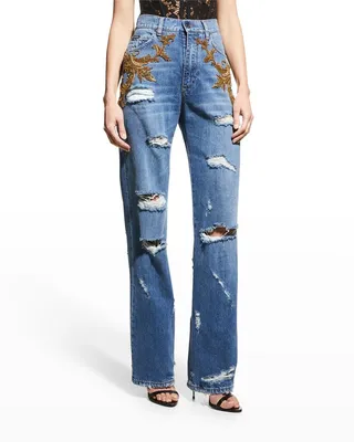 Ricamo Beaded Distressed Straight-Leg Jeans