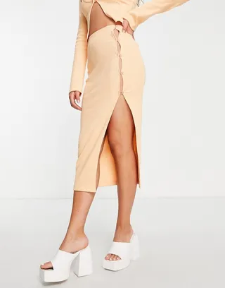 Public Desire rib midi skirt with button detail in peach - part of a set