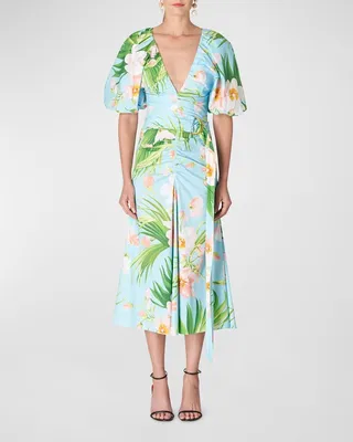 Floral-Print Ruched Front Midi Dress with Belted Waist