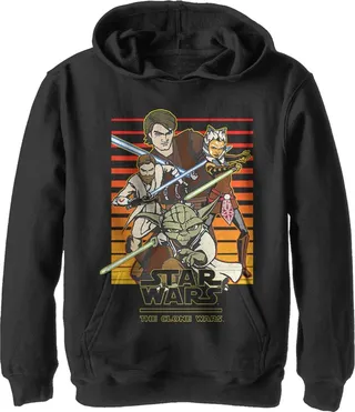 Boy's Star Wars: The Clone Wars Jedi Group Shot Retro Line Pull Over Hoodie - Black - Large