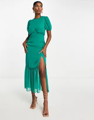 ASOS DESIGN pep hem midi dress with bubble sleeve in green