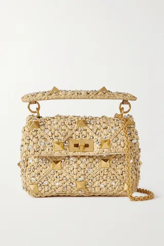 Valentino Garavani - Valentino Garavani Roman Stud Embellished Raffia Shoulder Bag - Neutrals