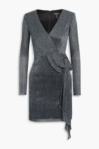 Wrap-effect metallic knitted mini dress