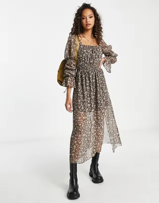 Miss Selfridge sleeve detail chiffon midi dress in patchwork floral