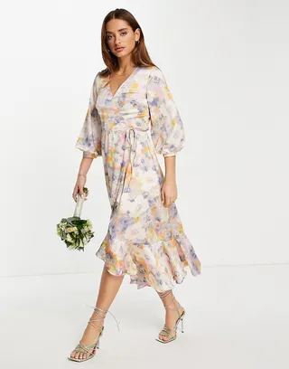 Liquorish satin wrap midi dress with puff sleeve in soft pastel floral