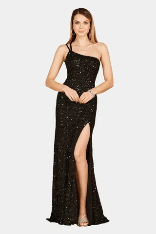 One shoulder Beaded Gown With Slit