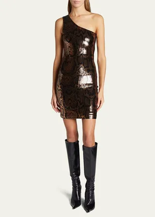 One-Shoulder Snake Sequin Mini Dress