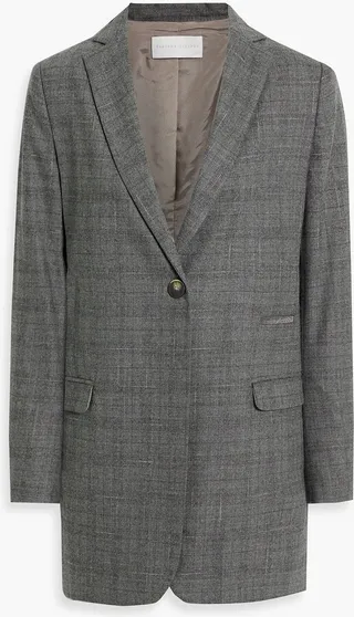 Bead-embellished checked merino wool-blend blazer