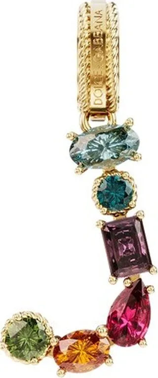Rainbow alphabet J 18 kt yellow gold charm with multicolor fine gems