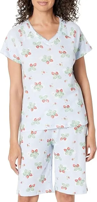 Karen Neuburger Short Sleeve V-Neck Bermuda PJ Set (Strawberry Field) Women's Pajama Sets