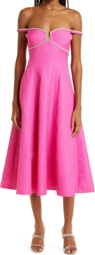 Off The Shoulder Diamanté Trim Textured Midi Dress