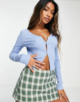 Topshop button front long sleeve top in blue