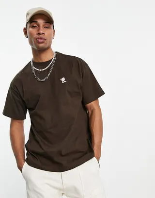 Dr Denim Trooper relaxed fit t-shirt with pink cloud graphics in brown