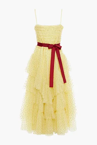 Embellished tiered tulle midi dress