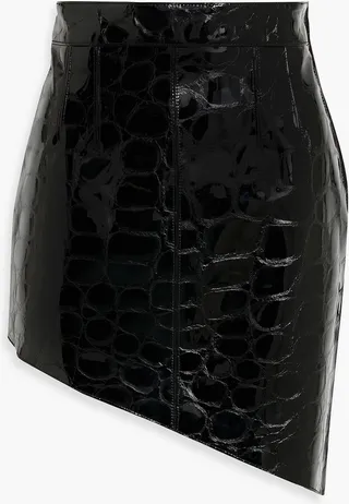 Asymmetric croc-effect patent-leather mini skirt