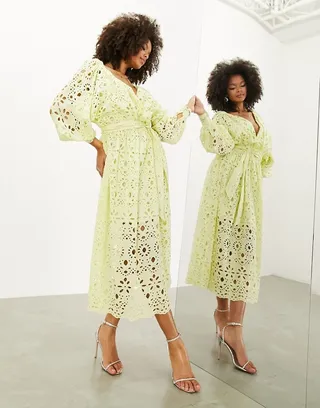 ASOS EDITION broderie wrap belted midi dress in lemon