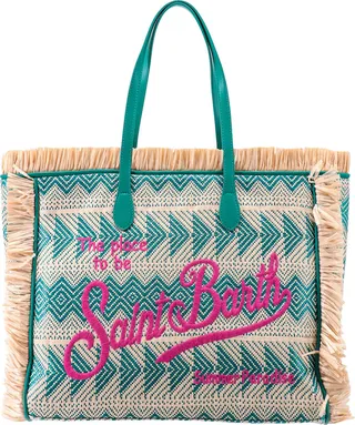 Straw shoulder bag with ebroidered logo