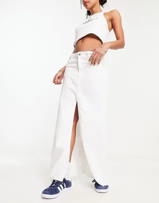 Bershka slit front denim midi skirt in white