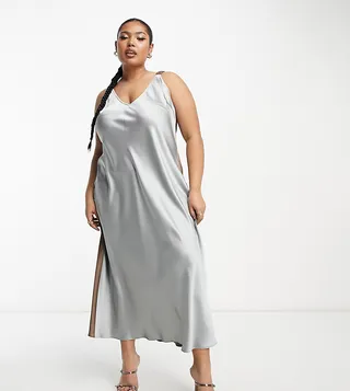 ASOS DESIGN Curve elasticized back satin slip midi dress in gray and mocha color block