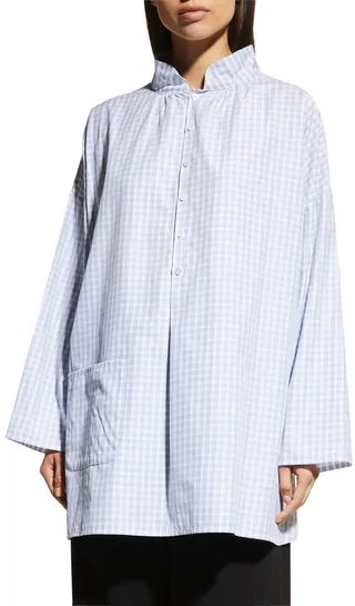 Sloped-Shoulder Pleated-Collar Wide Shirt (Long Plus)