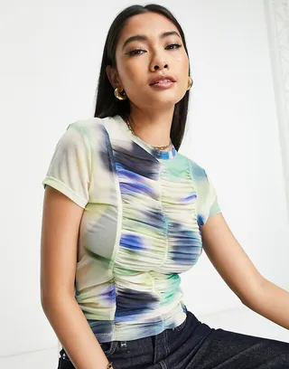 Topshop short sleeve mesh top in blurred floral print