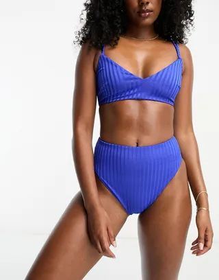 ASOS DESIGN mix and match ribbed lattice crop bikini top in in cobalt blue