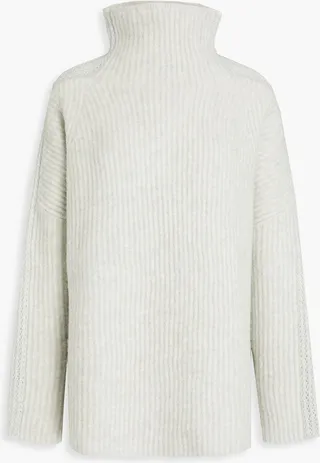 Pointelle-trimmed ribbed-knit turtleneck sweater