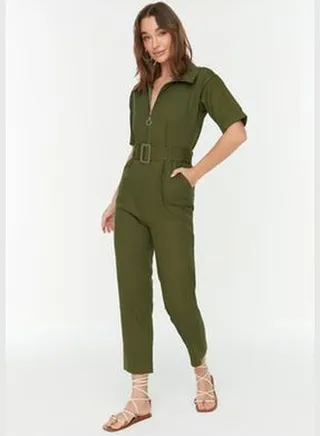 Khaki Belted Weave Zipper Detailed Jumpsuit TWOSS20TU0064