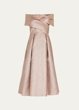 Off-Shoulder Metallic Jacquard Cocktail Dress