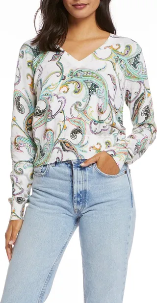 Evelyn Florentine Print Cotton & Silk V-Neck Sweater