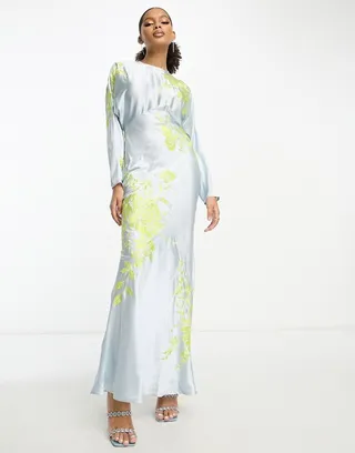 ASOS DESIGN satin embroidered batwing bias cut maxi dress in pale blue