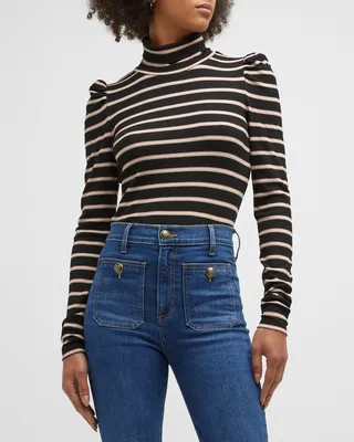 Cedar Striped Puff Sleeve Turtleneck Top