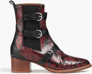 Buckled snake-effect leather ankle boots