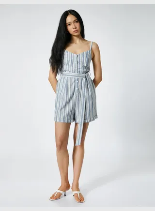 Strappy Belted Linen Mix Shorts Overalls