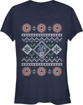 Junior's Marvel Ugly Christmas Captain America T-Shirt - Navy Blue - X Large