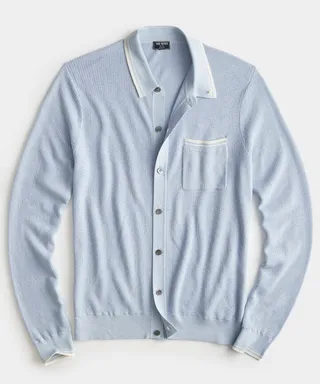 Micro Mesh Tipped Full-Placket Polo in Steel Blue