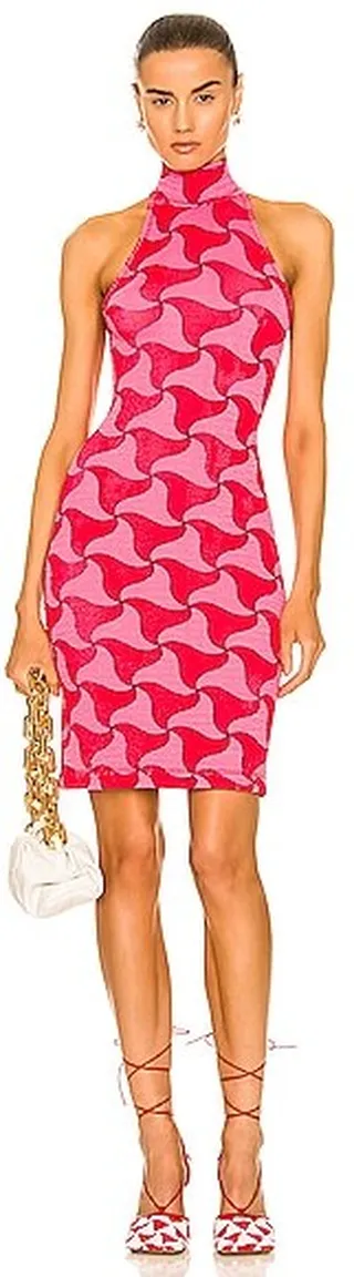 Bottega Veneta Crinkled Wavy Triangle Print Dress in Red