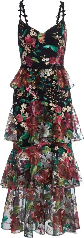 Tiered Floral-Print Midi Dress