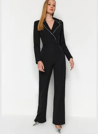 Black Window/Cut Out Shiny Stone Jumpsuit TPRAW24TU00004