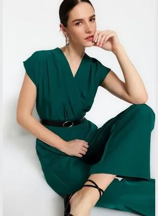 Emerald Green Woven Jumpsuit With A Belt TWOSS21TU0004