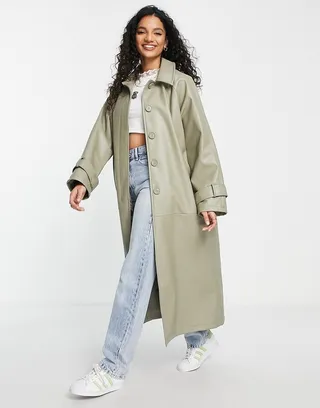 ASOS DESIGN collared faux leather trench coat in light sage