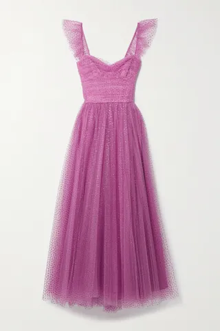 Monique Lhuillier - Ruffled Gathered Glittered Tulle Gown - Purple