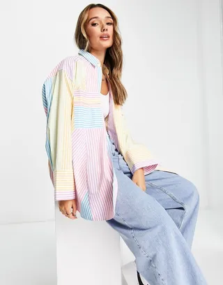 ASOS DESIGN oversized shirt with wide cuff detail in pastel stripes