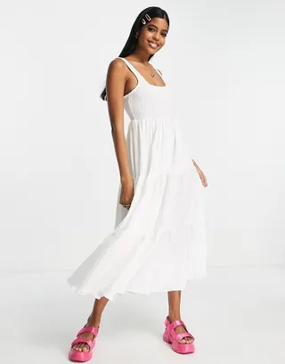 ASOS DESIGN shirred maxi sundress with tiers in stripe texture in white