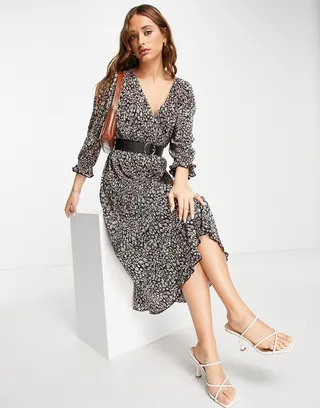 ASOS DESIGN plisse midi wrap dress with black belt in black base ditsy floral